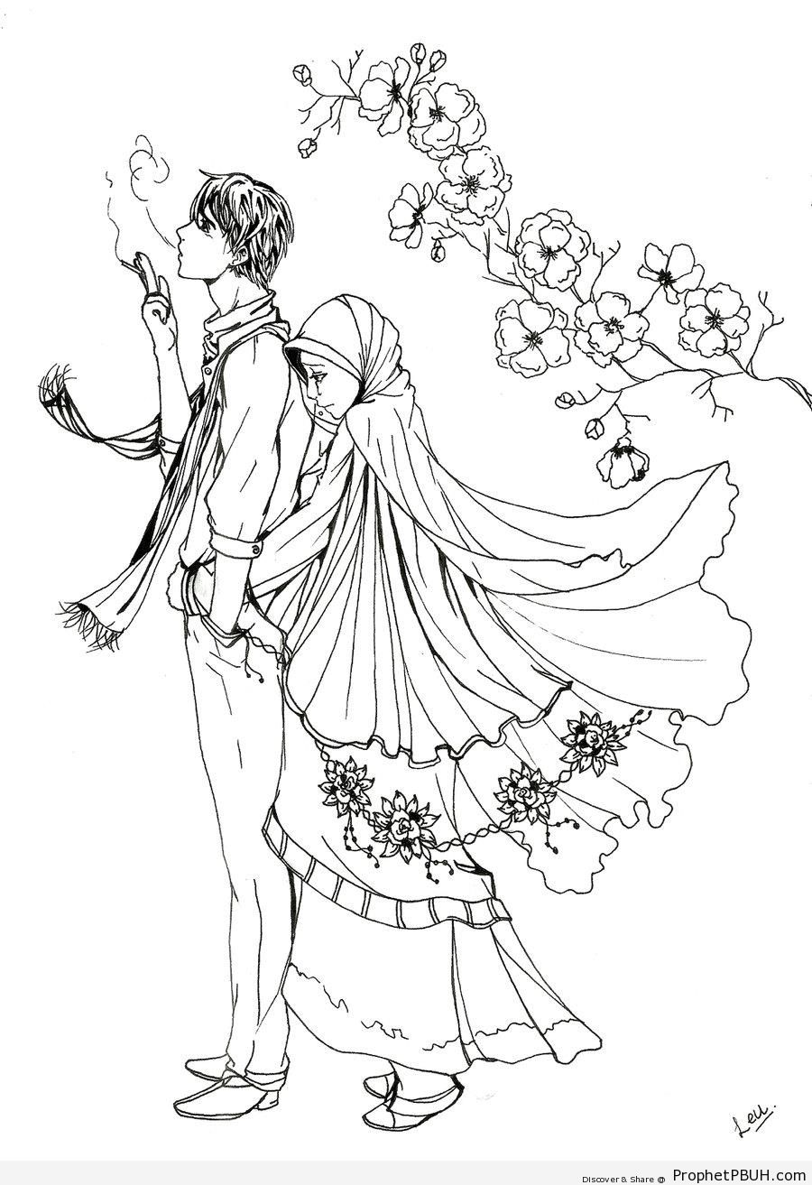900x1313 Muslim Couple (Manga Amp Anime Style Line Drawing) Drawings