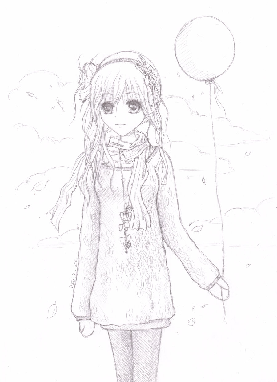 900x1241 Girl Holding Balloon Sketch By An0nym0use99