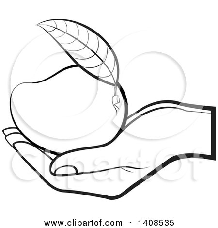 450x470 Clipart Of A Black And White Lineart Hand Holding A Mango