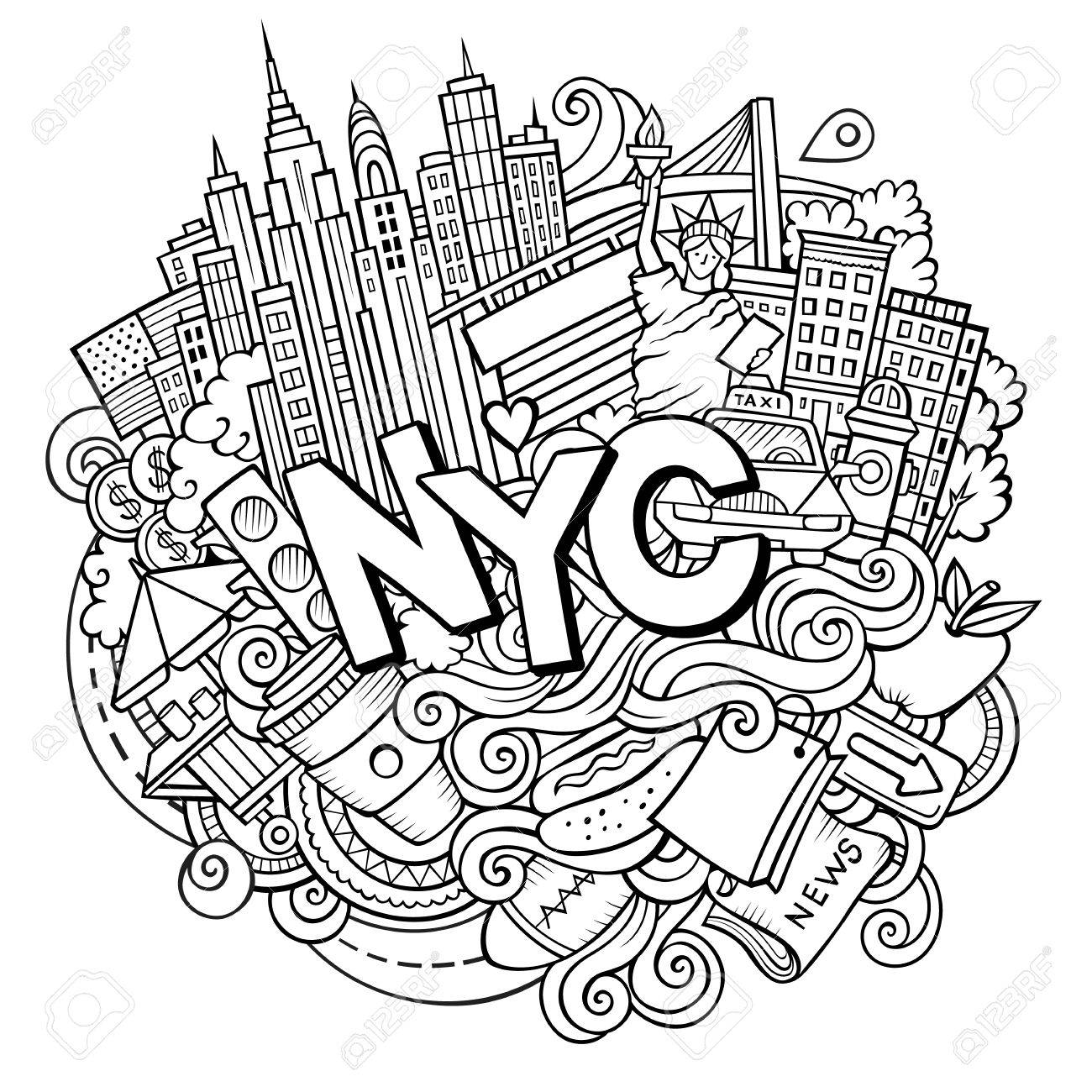 1300x1300 Cartoon Cute Doodles Hand Drawn Nyc Inscription Royalty Free