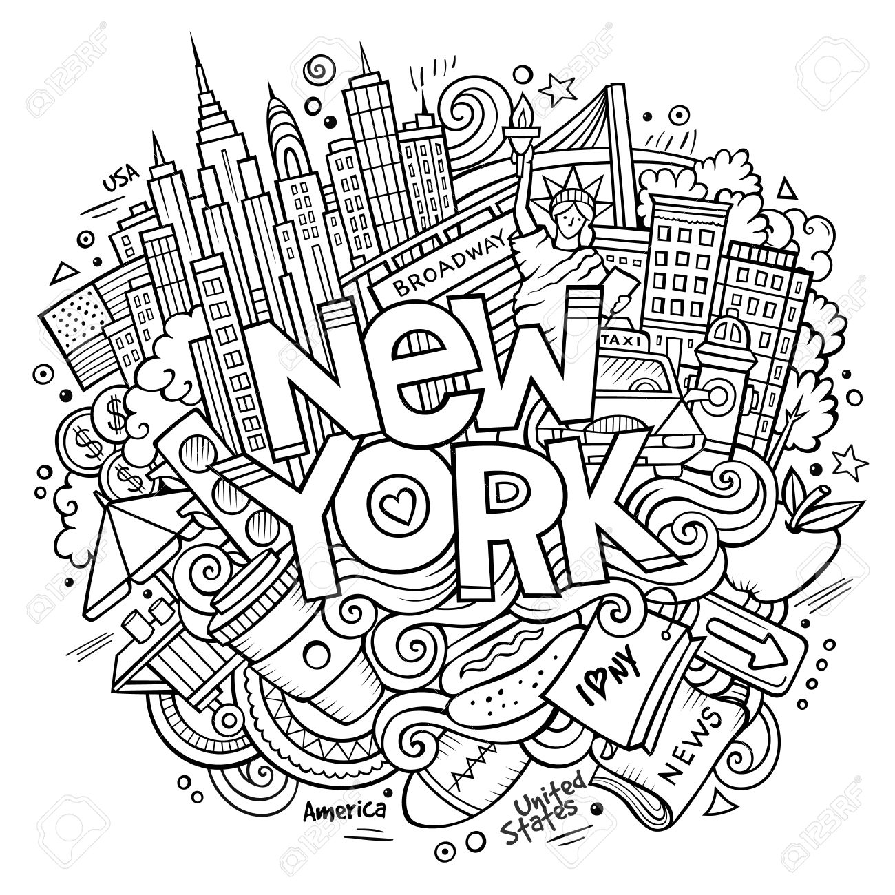 1300x1300 Cartoon Cute Doodles Hand Drawn New York Inscription Royalty Free