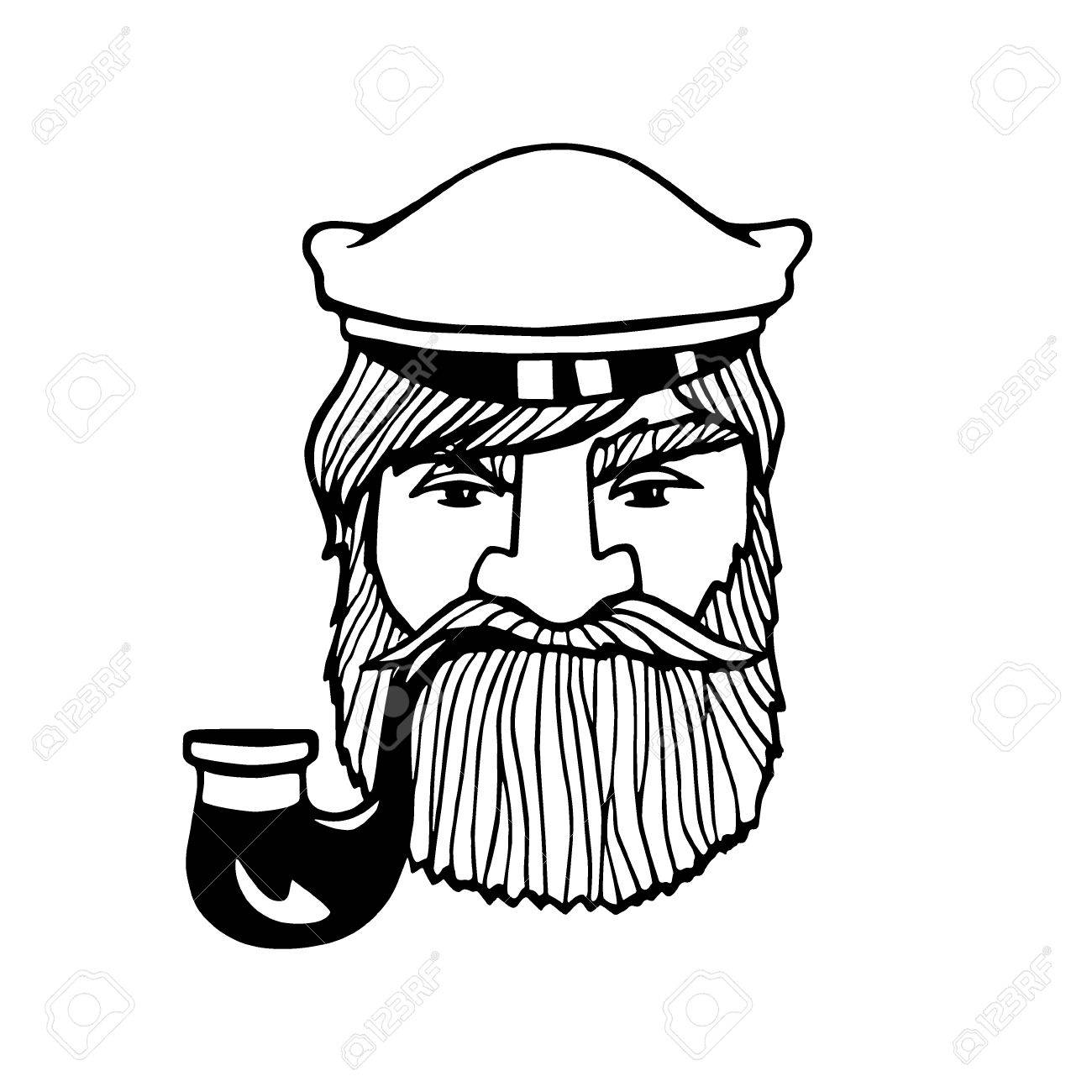 1300x1300 Hand Drawn Head Of Seaman With Smoking Pipe And Peaked Cap. Vector