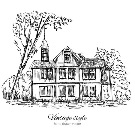 450x450 Vintage Tile Old European House, Vector Engraving Sketch Mansion