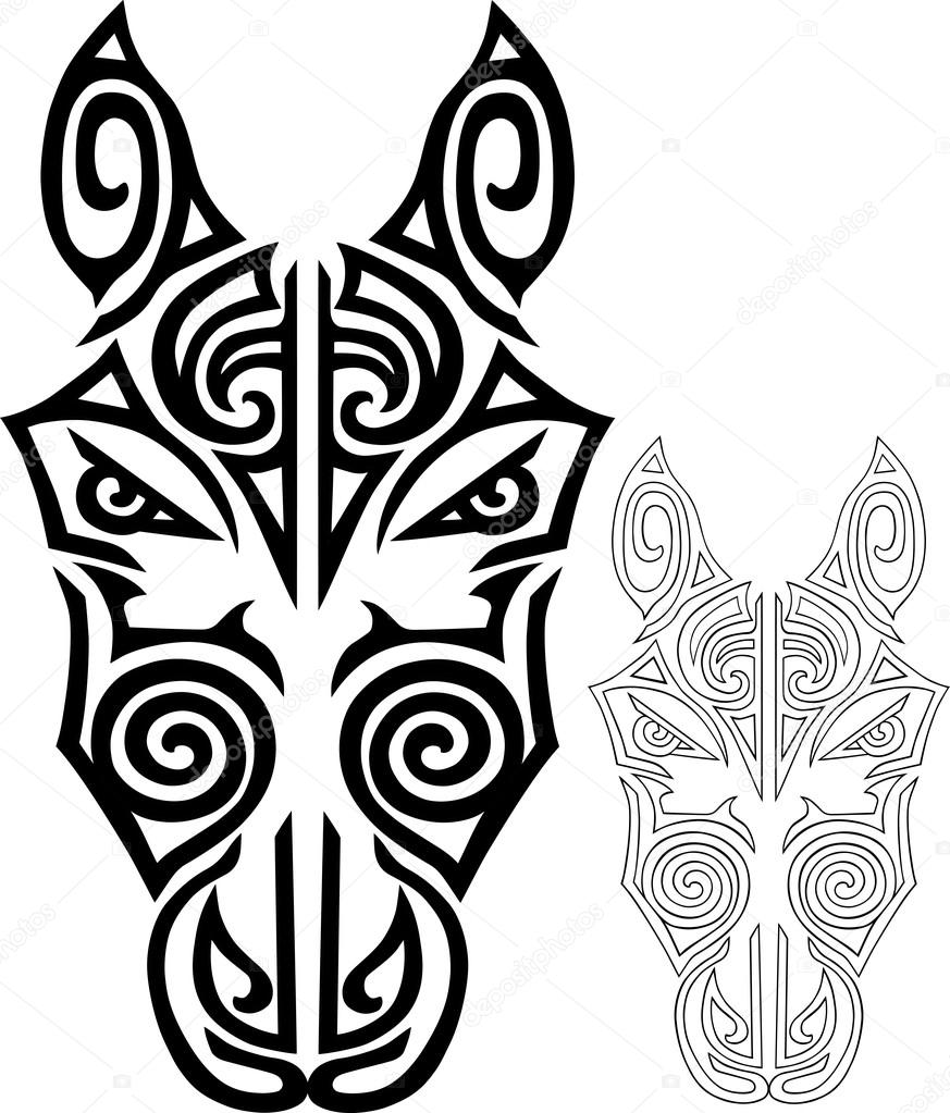 873x1023 Hand Drawn Horse Head Stylized Maori Face Tattoo. Vector Stock