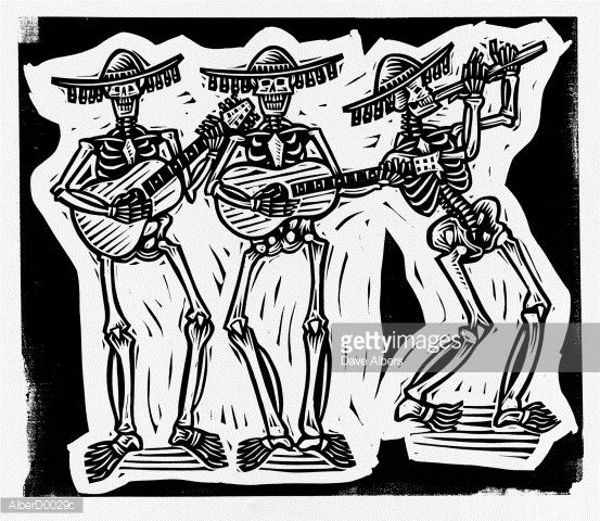 553x480 Three Skeletons Wearing Mexican Hats Playing Guitars And Flute