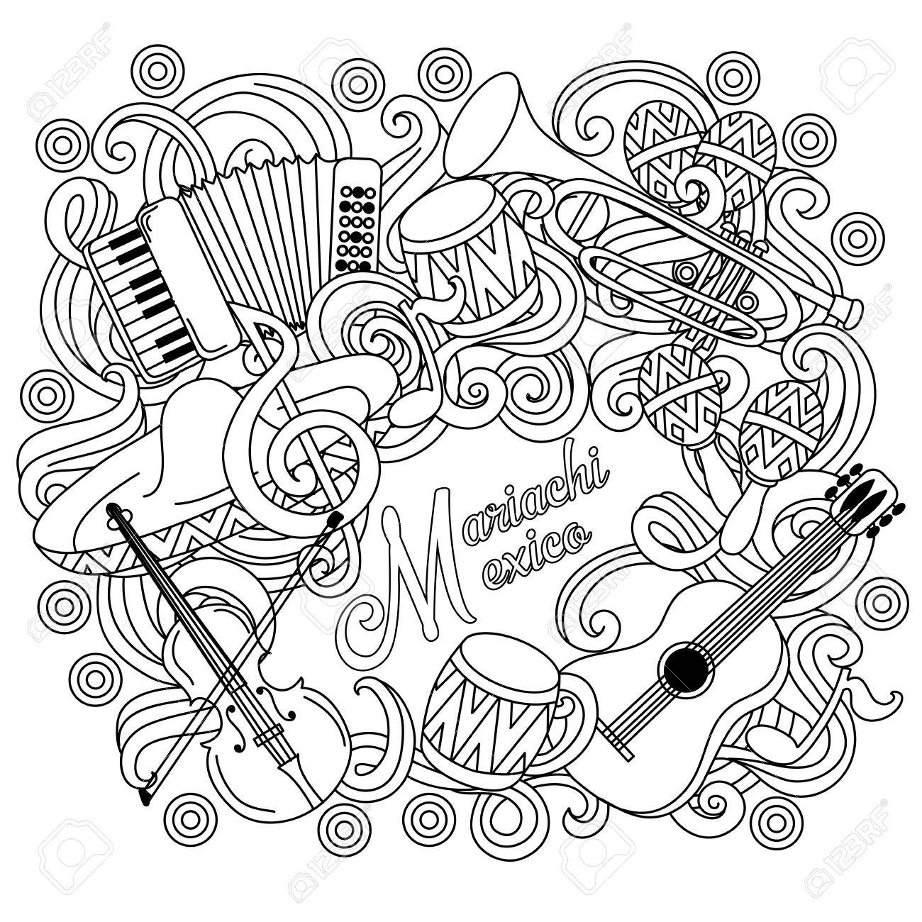 1300x1300 Mariachi Mexico Festive Sketch Background. Cartoon Vector Hand