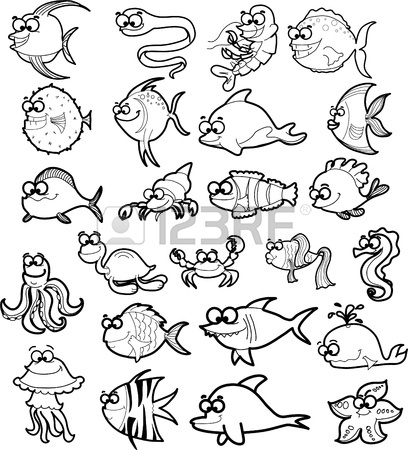408x450 Big Set Of Cartoon Black And White Marine Animals Royalty Free