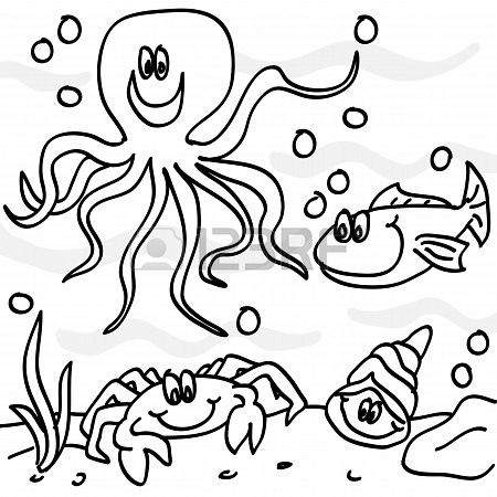 450x450 Outline Of Fun Hand Drawn Marine Life Cartoon Characters Octopus