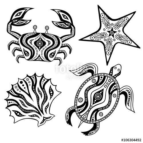 500x500 Set Of Vector Crab, Shell, Turtle, Starfish Isolated On A White