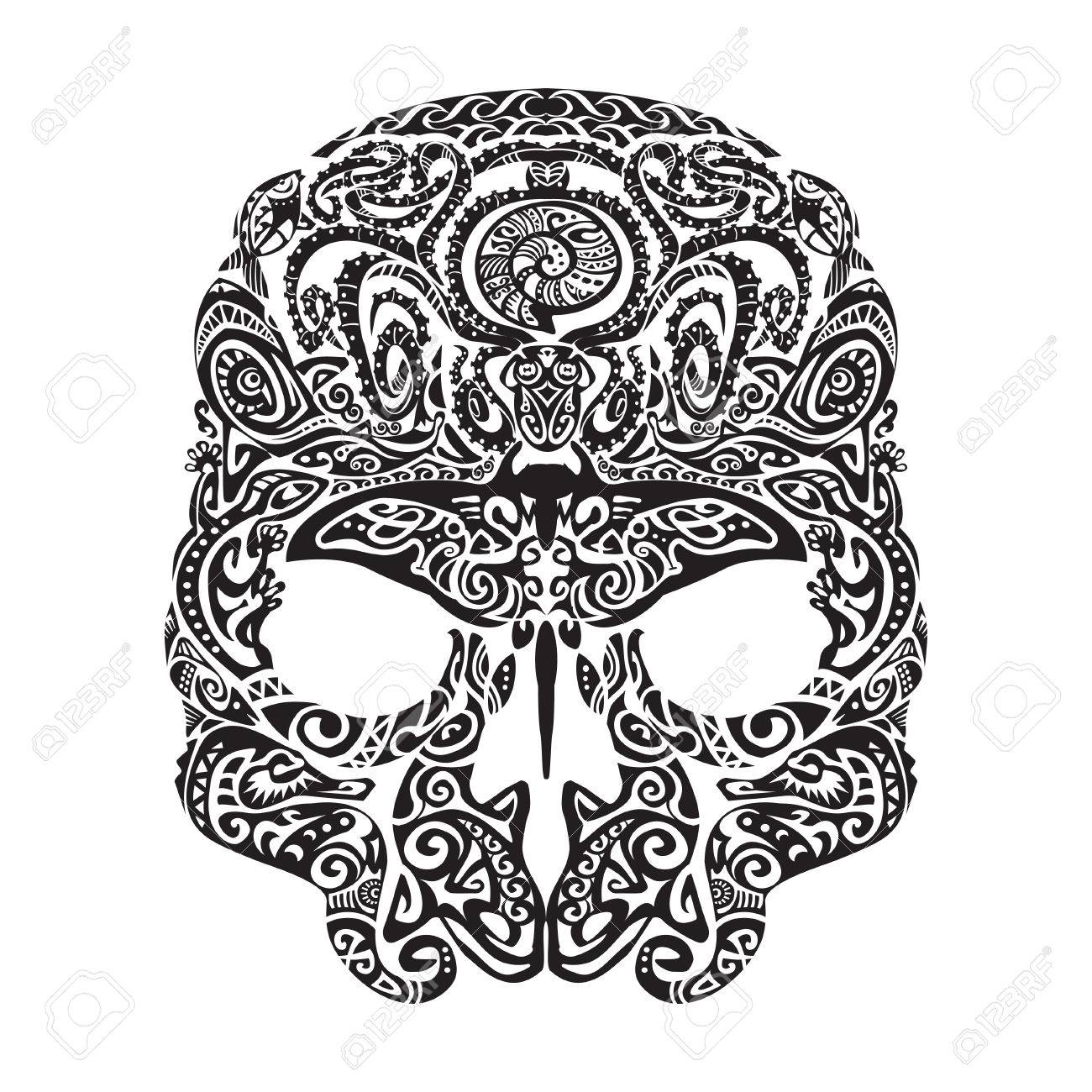 1300x1300 Skull Tattoo In The Style Of Maori With Marine Life. Sea Creatures