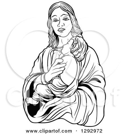 450x470 Clipart Of A Black And White Virgin Mary Holding Baby Jesus
