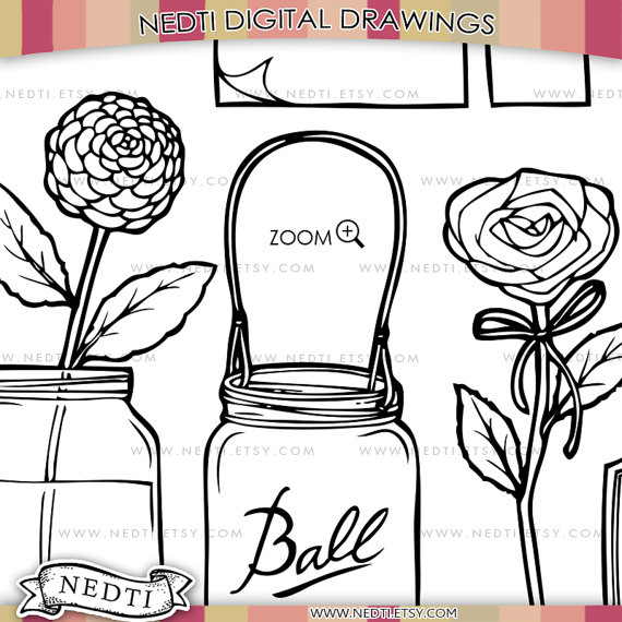 570x570 Mason Jars Doodle Clip Art, Png, Instant Download, Mason Jar