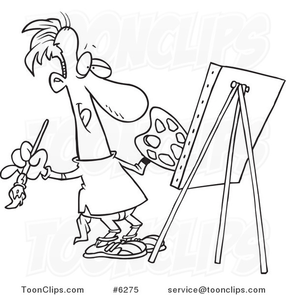 581x600 Cartoon Black And White Line Drawing Of A Artist Painting His
