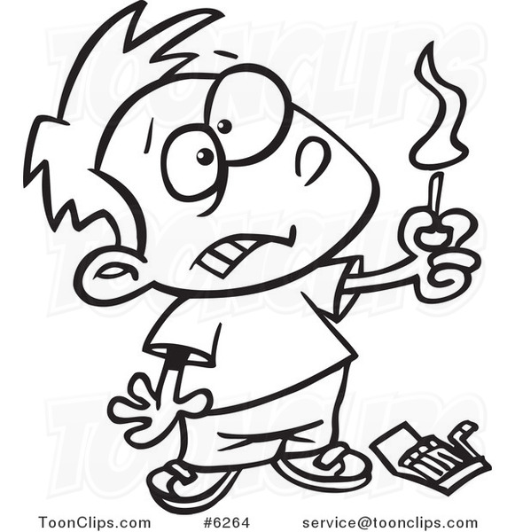 581x600 Cartoon Black And White Line Drawing Of A Boy Playing With Matches