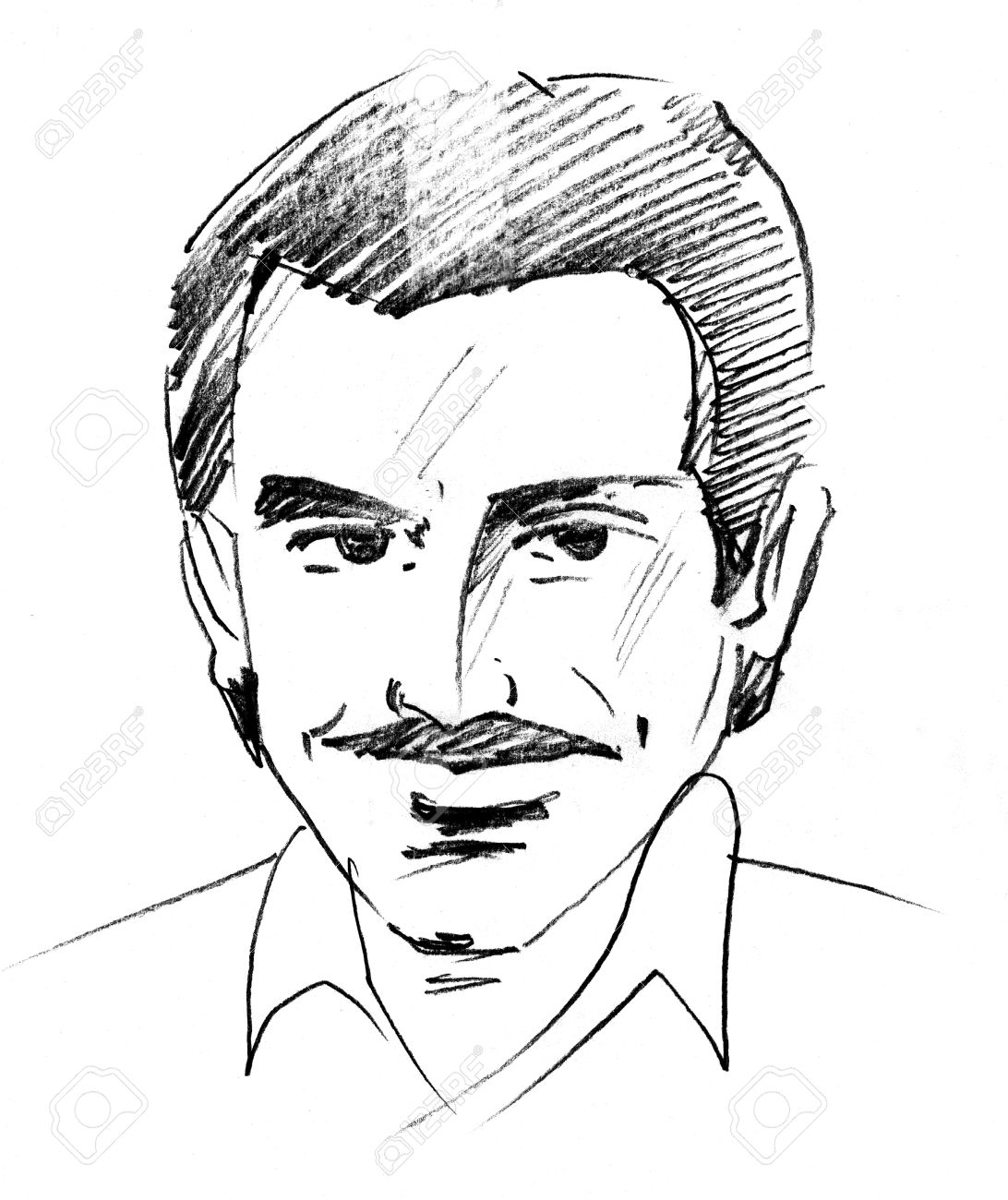 1092x1300 Retro Style Line Art Sketch Of A Mature Man With Moustache Stock