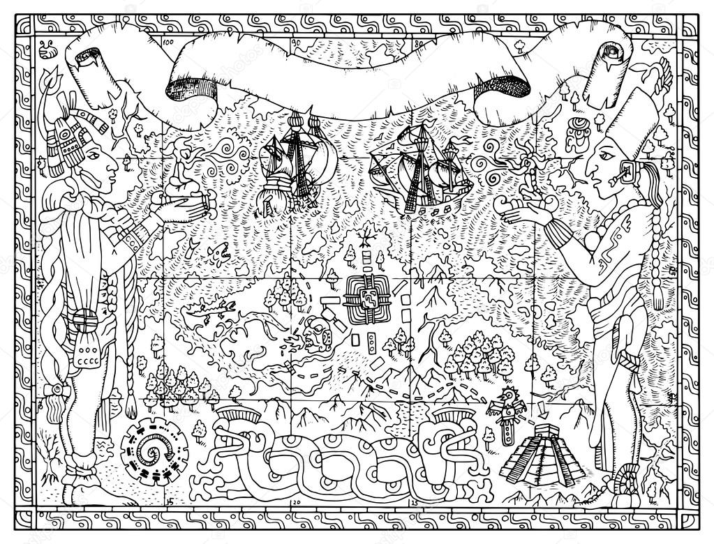 1023x780 Mayan, Aztec Or Pirate Map Stock Vector Samiramay