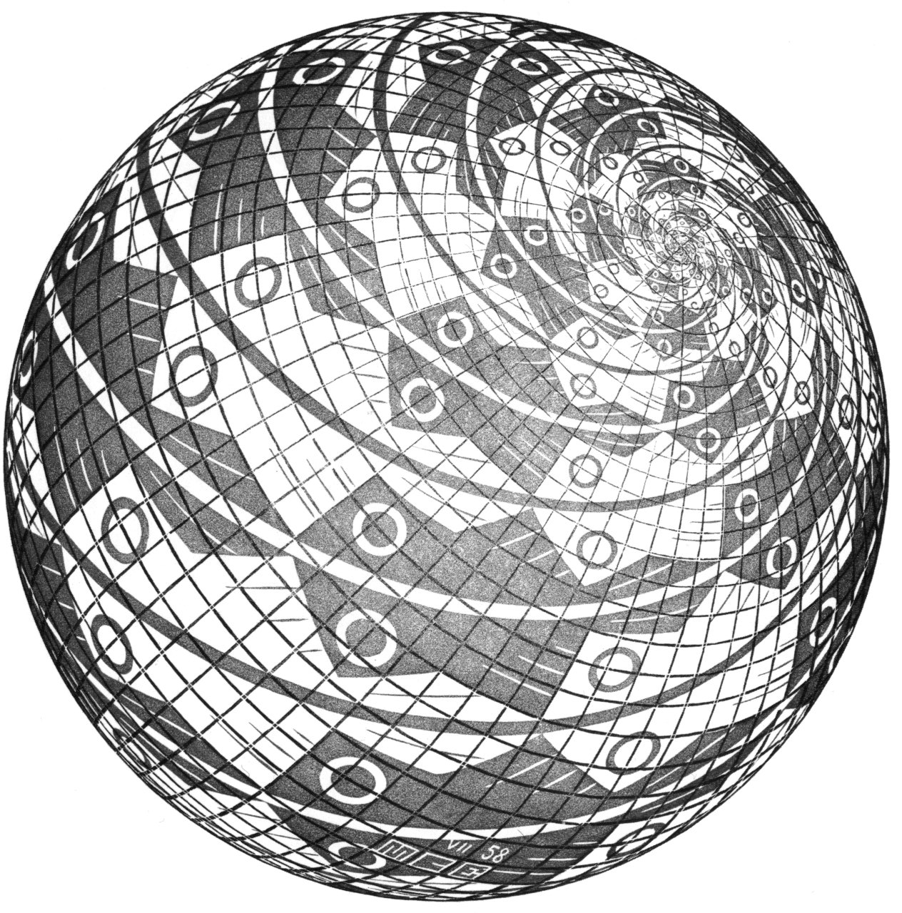 1264x1280 Escher Art Sphere Surface With Fishes