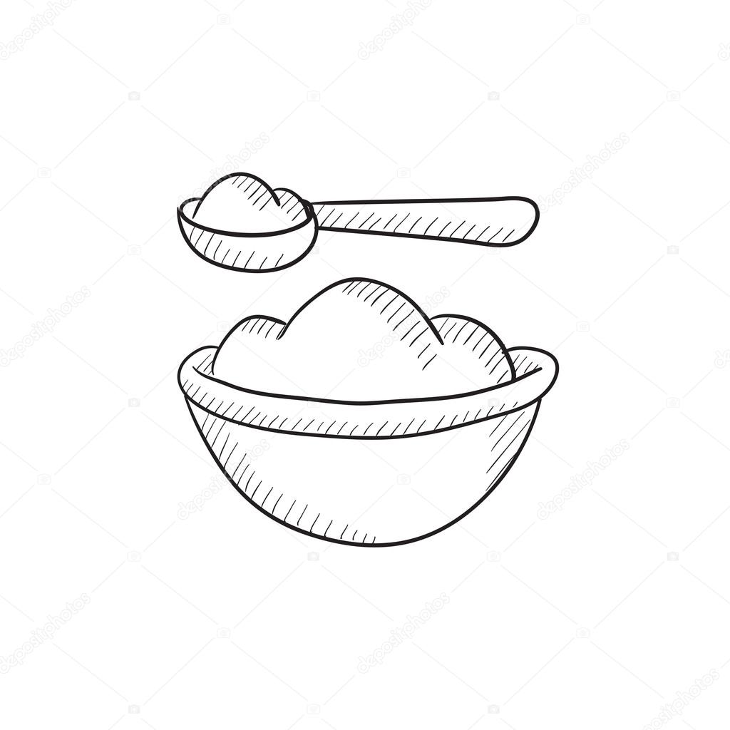 1024x1024 Baby Spoon And Bowl Full Of Meal Sketch Icon. Stock Vector