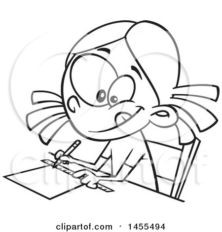 450x470 Clipart Of A Cartoon Lineart School Girl Measuring With A Ruler