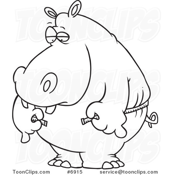 581x600 Cartoon Black And White Line Drawing Of A Big Hippo Measuring His