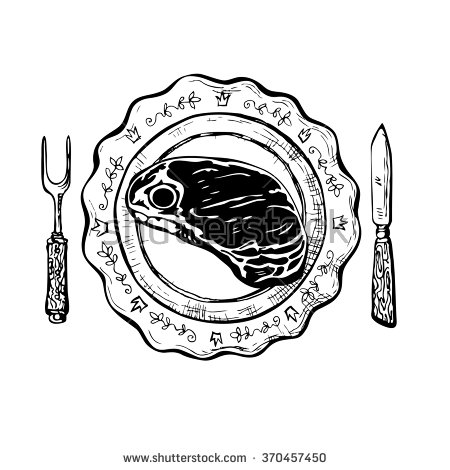 450x470 Dinner With Steak. Vintage Black And White Ink Drawing Vector
