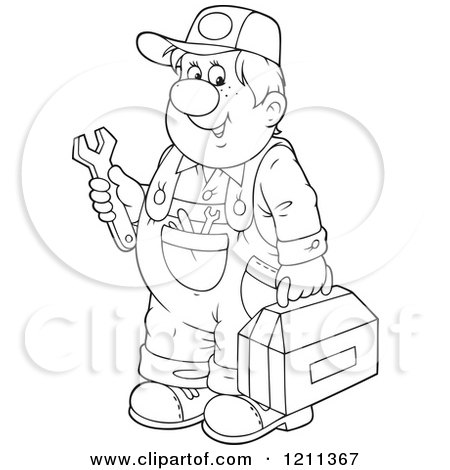 450x470 Cartoon Of An Outlined Chubby Mechanic Man Holding A Tool Box