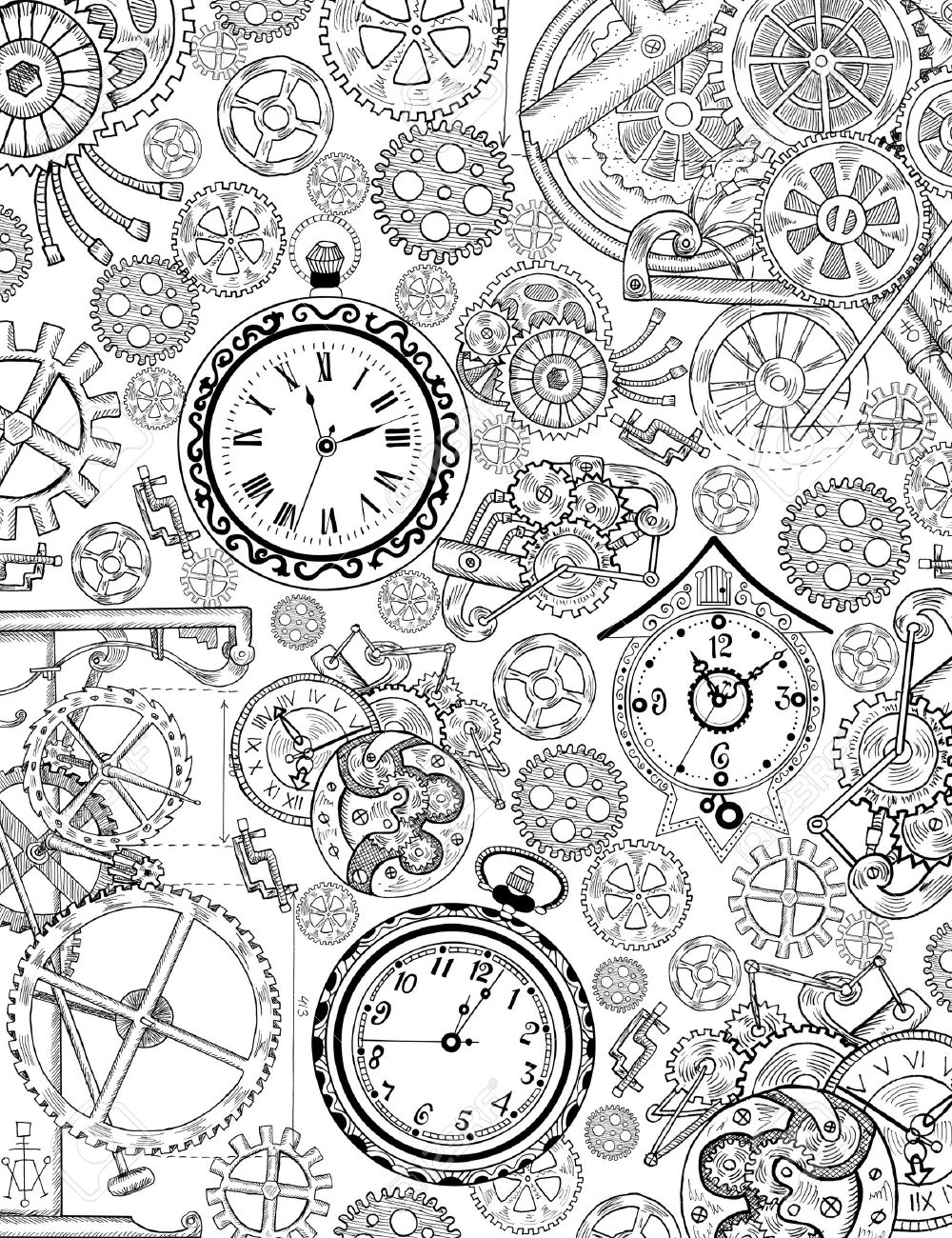 1000x1300 Coloring Book Page With Mechanical Details, Cogs, Gears And Old