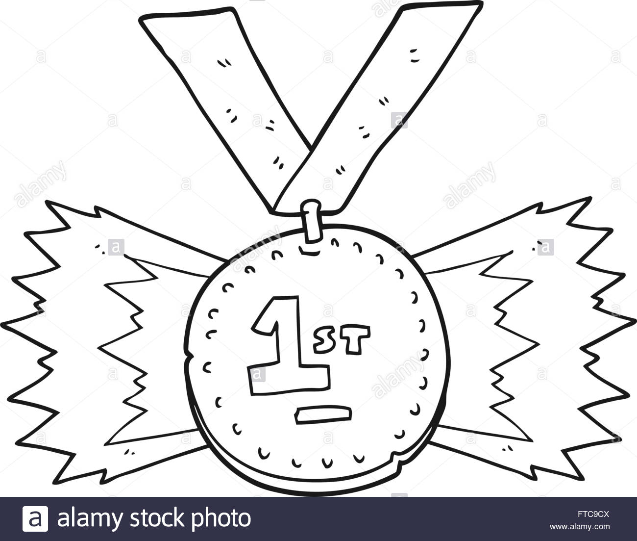 1300x1103 Freehand Drawn Black And White Cartoon First Place Medal Stock