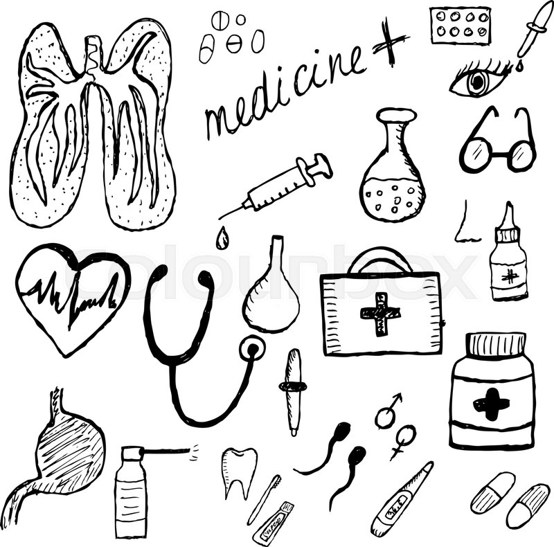 800x790 Medical Set Sketch, Hand Drawing Style. Medicine Icons. Vector