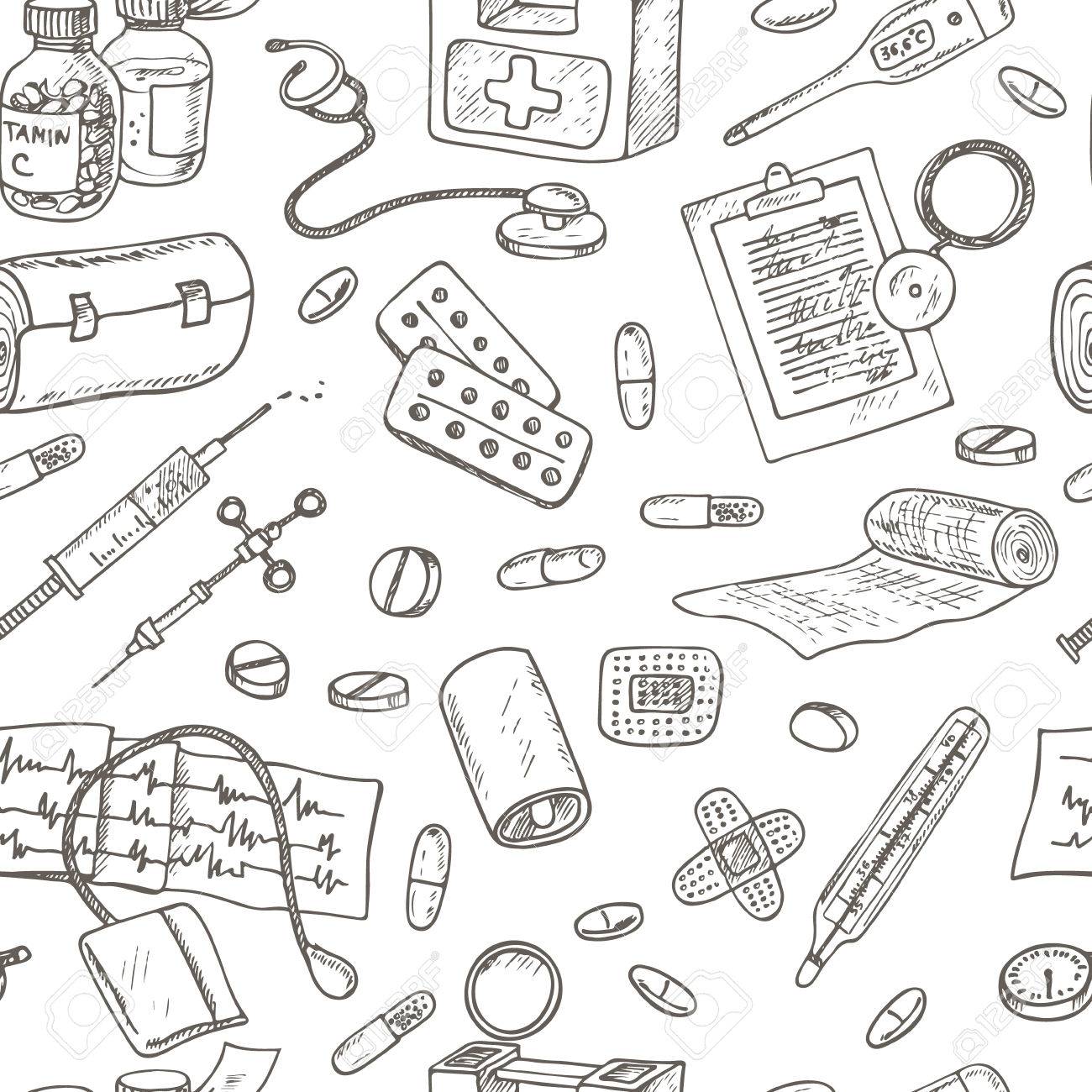 1300x1300 Health Care And Medicine Seamless Pattern. Sketches. Hand Drawing