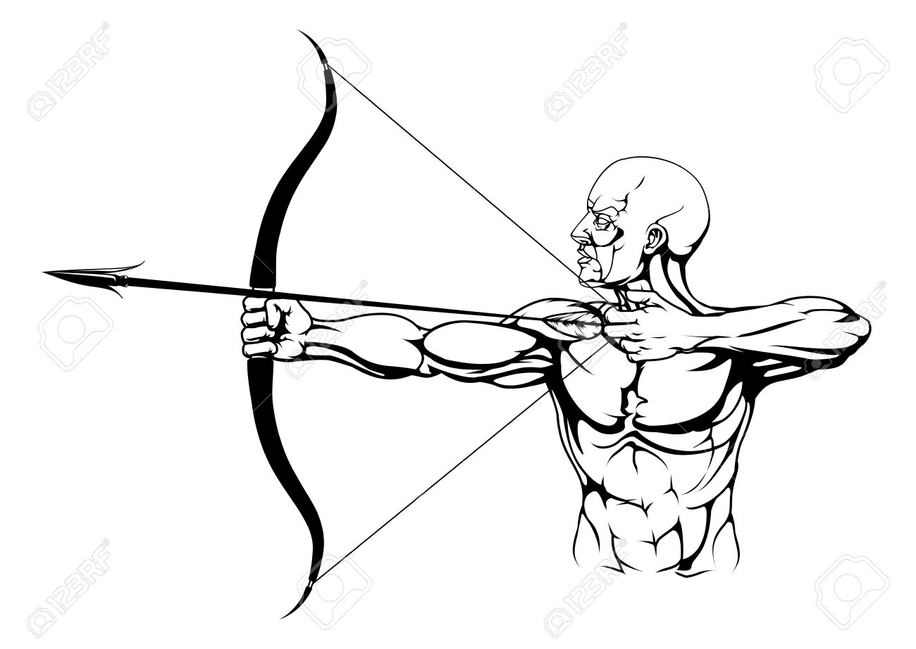 1300x922 Illustration Of Monochrome Strong Archer With Bow And Arrow