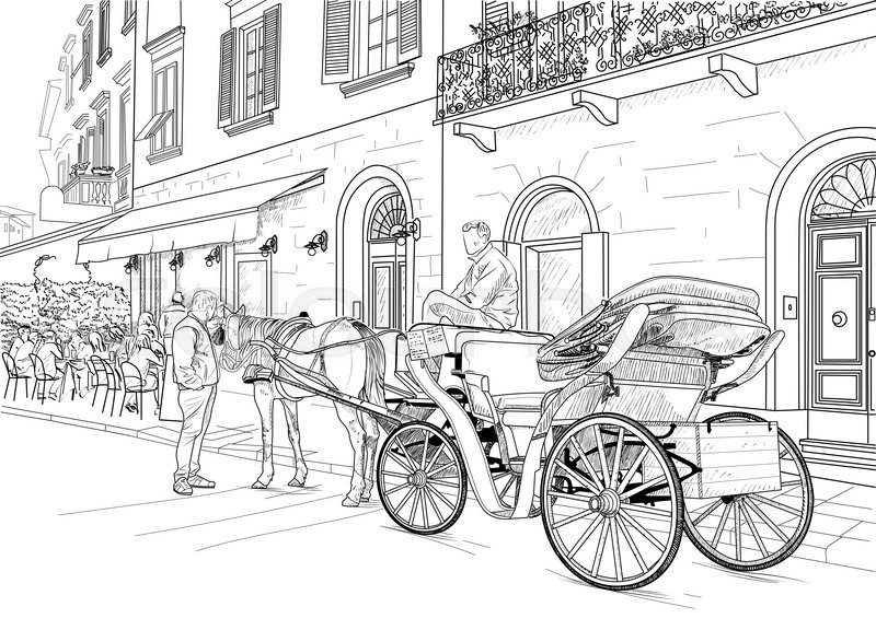 800x576 Drawing Horse Carriages On The Streets Of The Italian City Stock