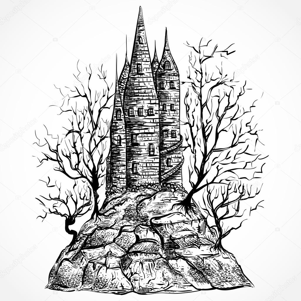1024x1024 Medieval Castle With Trees On A Rock. Hand Drawn Landscape