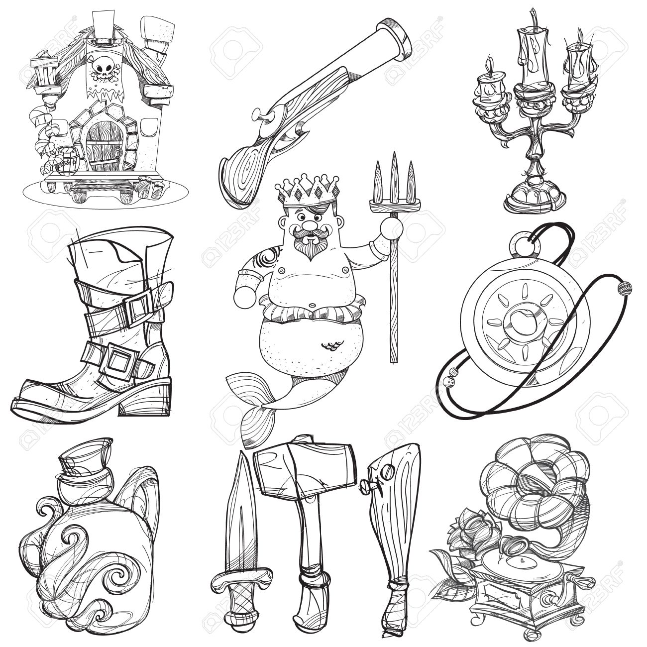 1300x1300 Set Illustrations With Pirate Attributes. Various Items Medieval