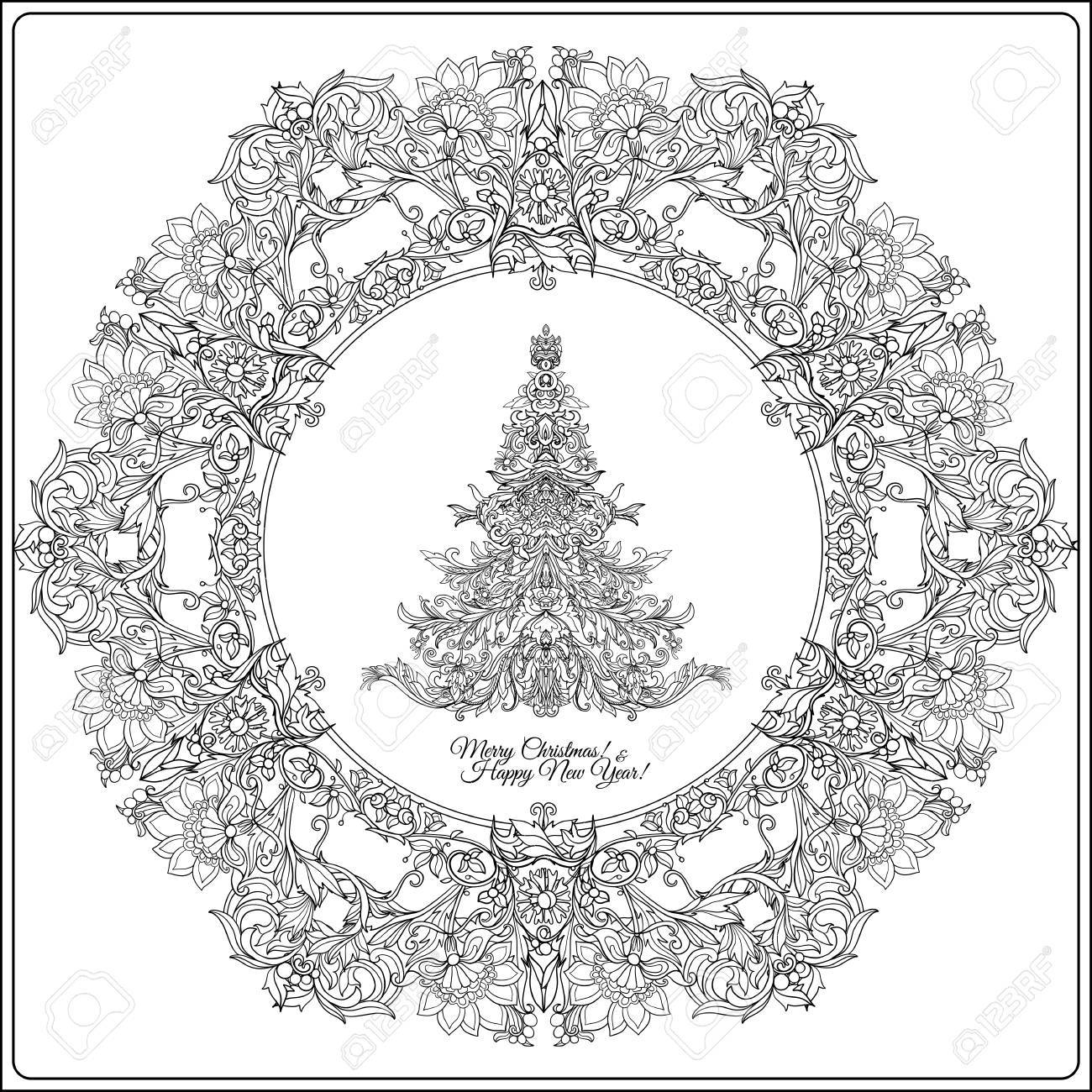 1300x1300 Decorative Christmas Tree In The Medieval Style Frame. Outline