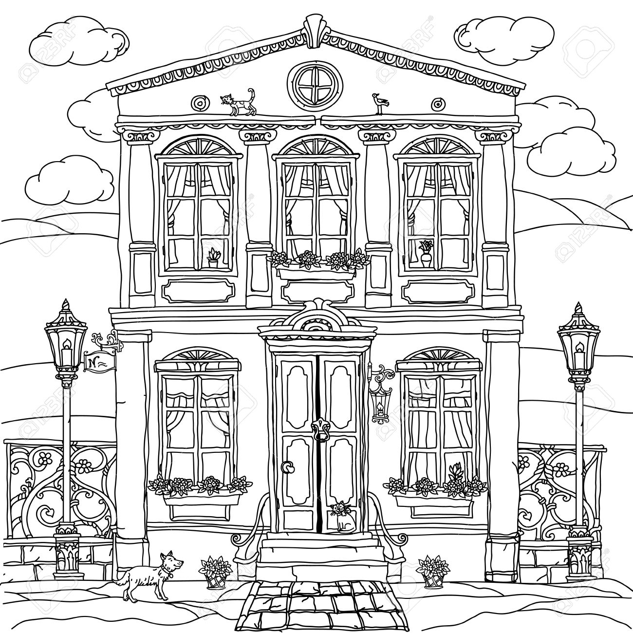 1300x1300 Frontage Of A House With Flowers, Plants, Cat And Dog For Adult