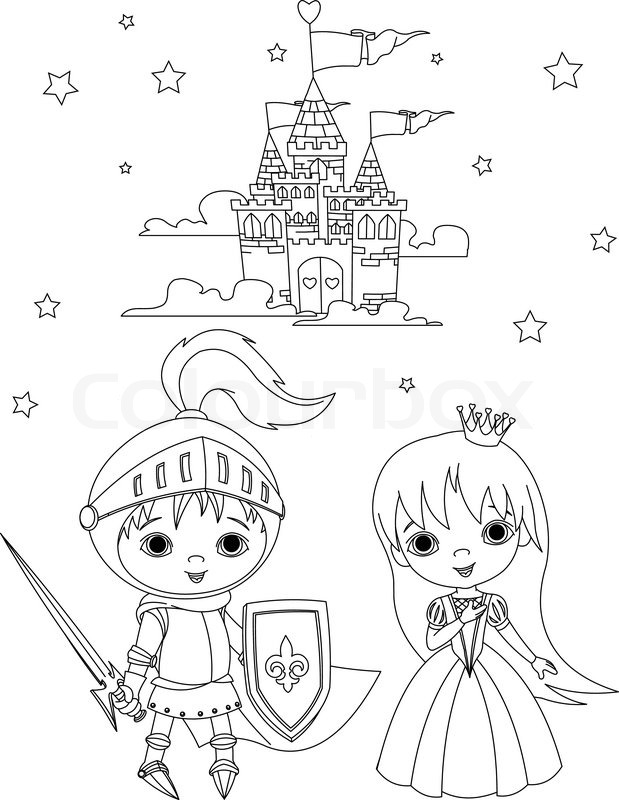 619x800 Coloring Page Of Young Knight And Cute Princess Against