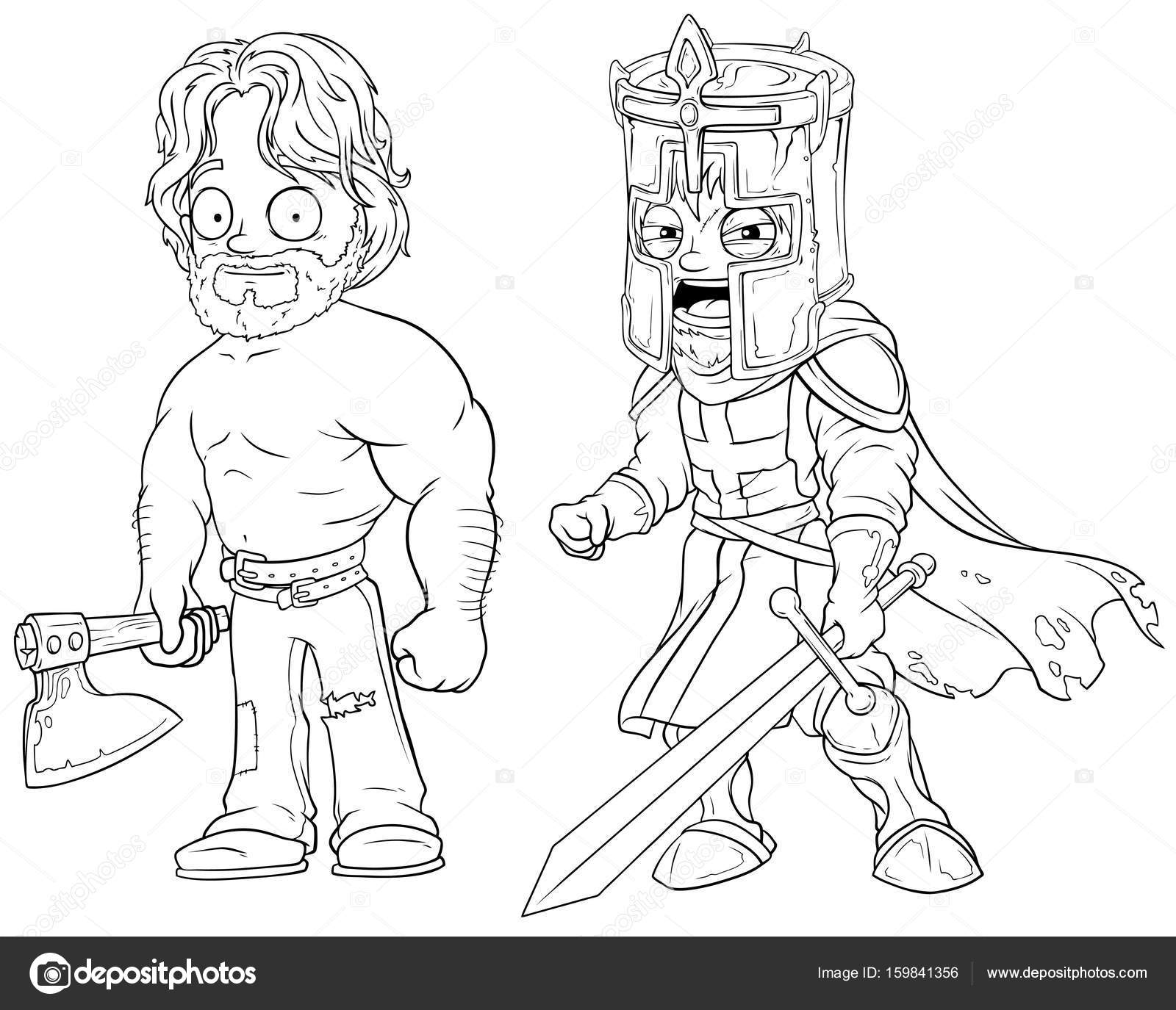 1600x1375 Cartoon Warrior Knight With Axe And Sword Character Vector Set