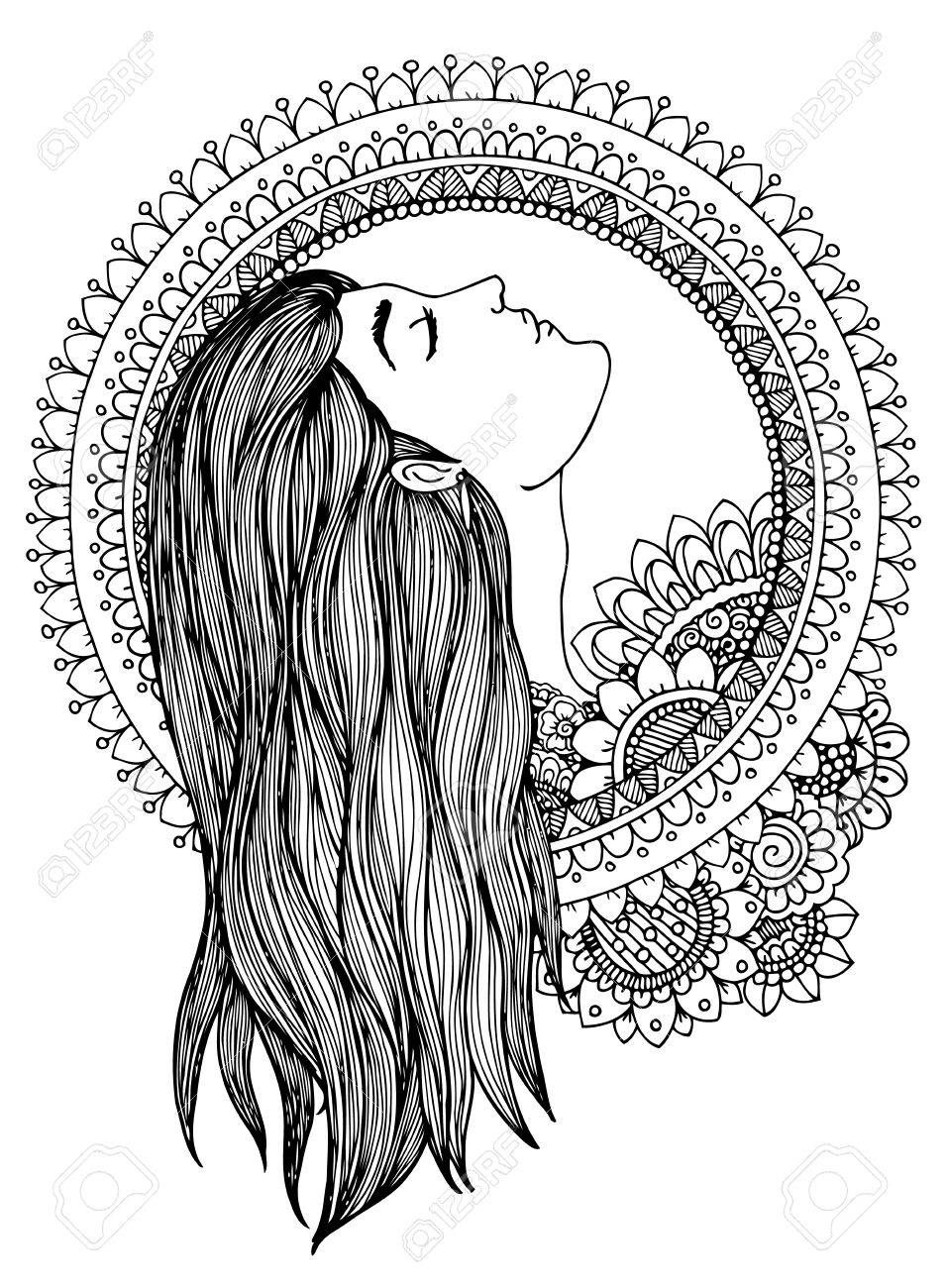 956x1300 Illustration Zentangle Girl In The Floral Frame. Doodle Drawing