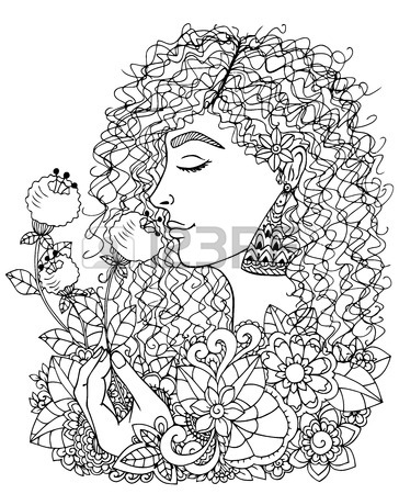 364x450 Illustration Zentangle Girl With Pumpkin. Doodle Drawing. Coloring