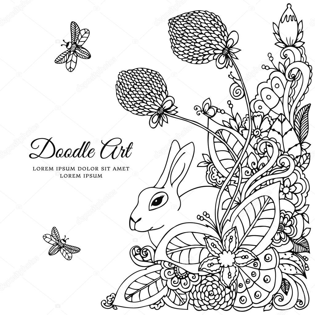 1024x1024 Vector Illustration Rabbit In Flower Frame. Doodle Drawing