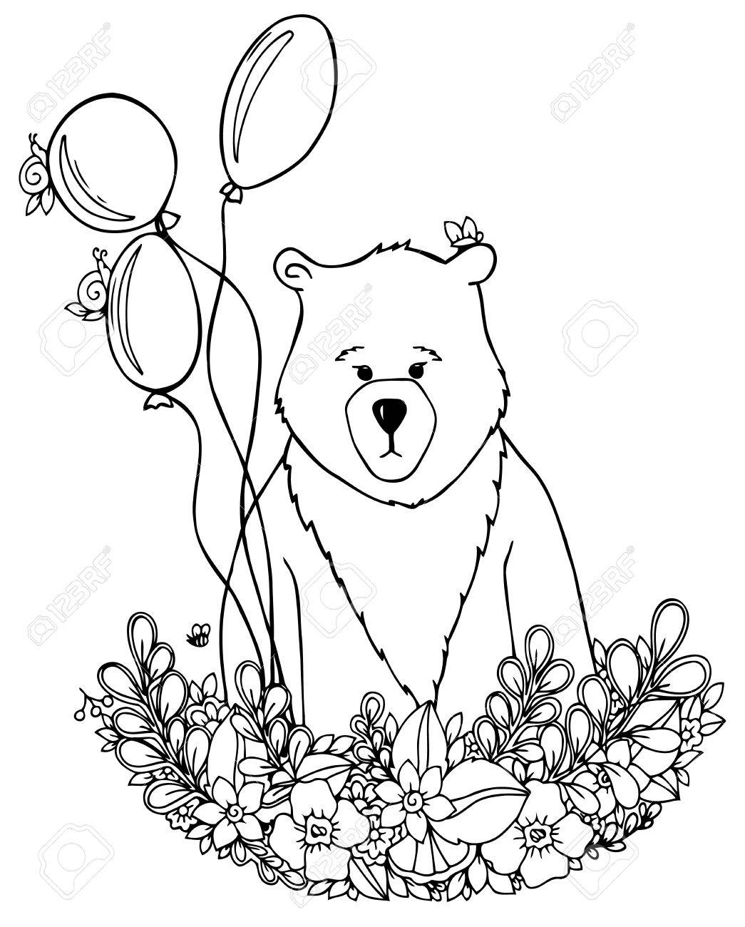 1045x1300 Vector Illustration Zentangl Bear In The Floral Frame Set. Doodle