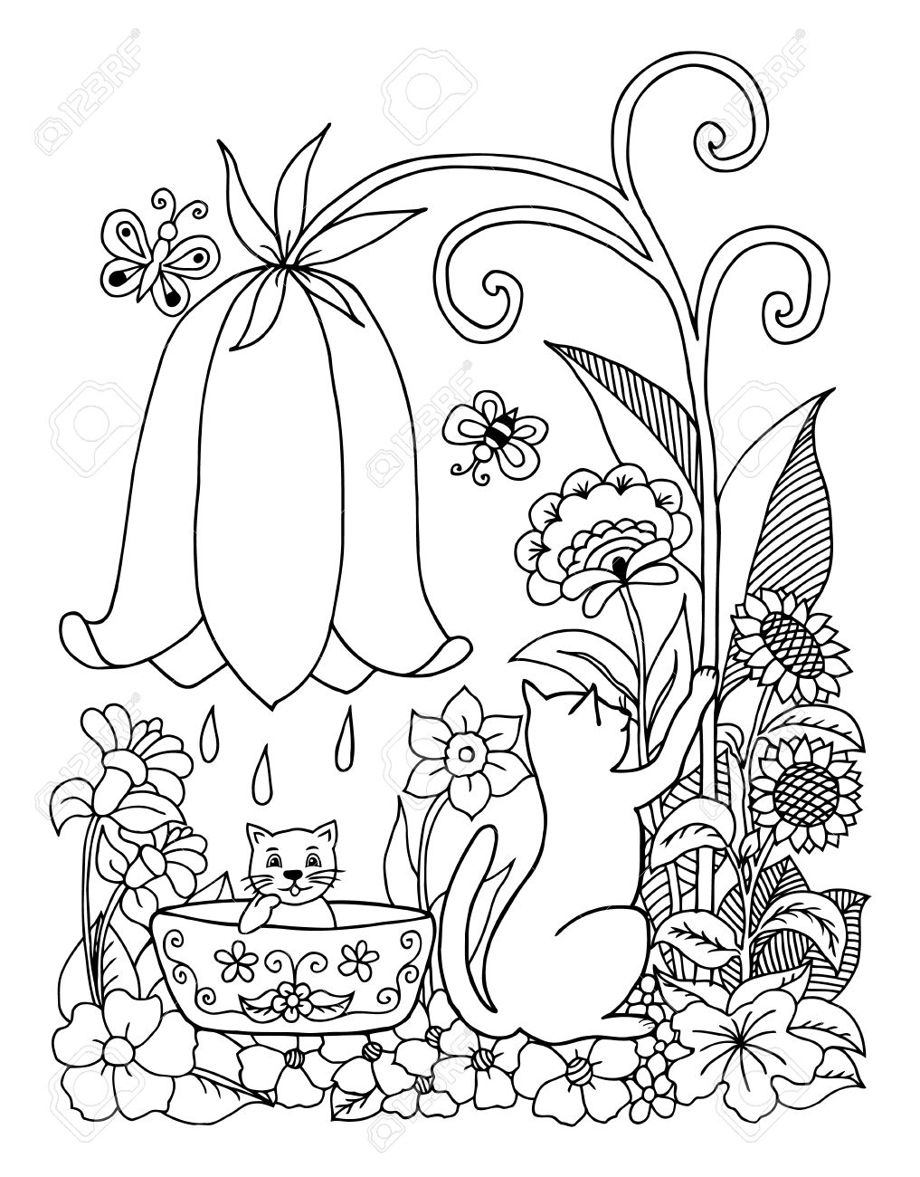 1017x1300 Illustration A Cat Bathes The A Kitten On Nature. Doodle Drawing