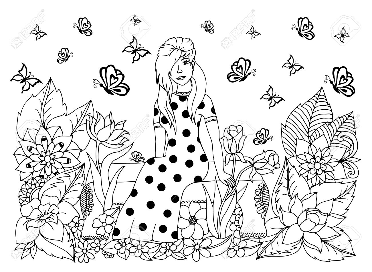 1300x951 Illustration Girl Sitting On A Bench In Flowers. Doodle Drawing