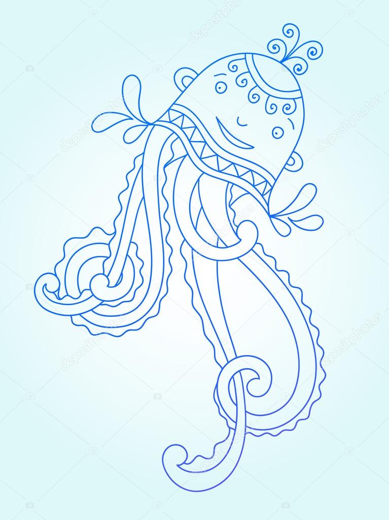 767x1024 Blue Line Drawing Of Sea Monster, Underwater Decorative Medusa