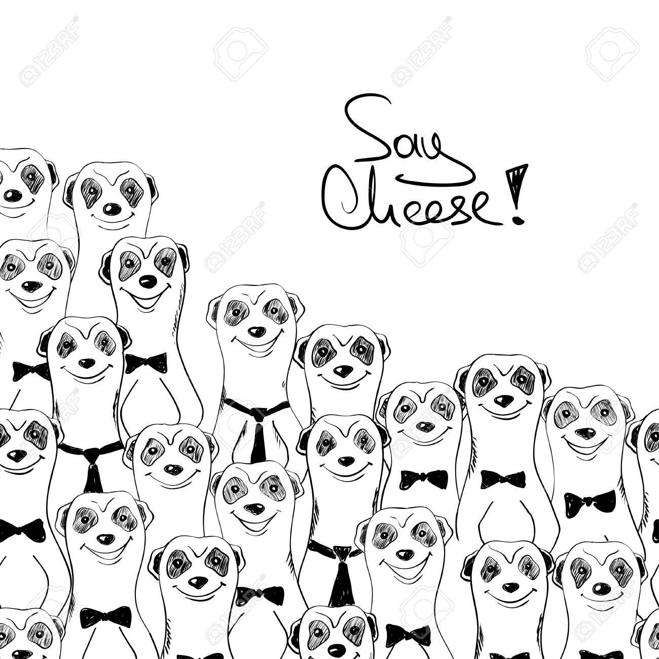 1300x1300 Black And White Sketch Illustration Of Funny Smiling Meerkats