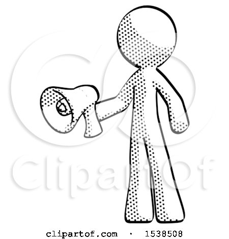 450x470 Halftone Design Mascot Man Holding Megaphone Bullhorn Facing Right