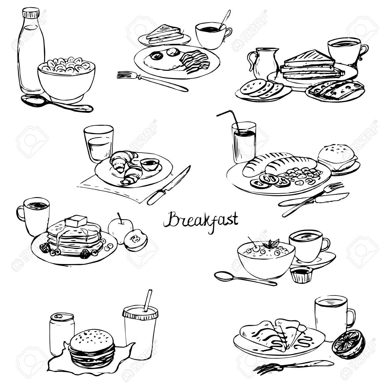 1300x1300 Breakfasts Set, Homemade Dishes, Ink Drawing Menu Vector Set