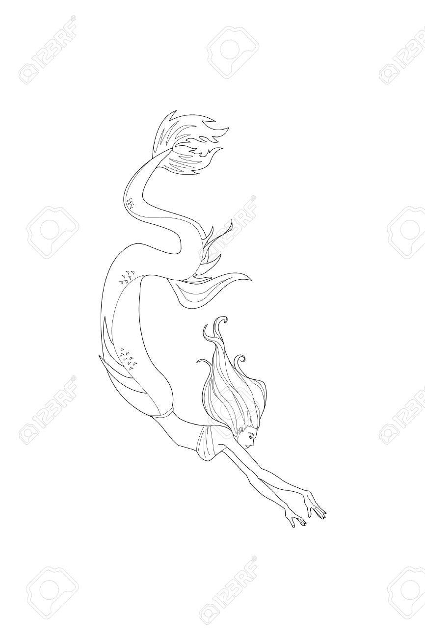 866x1300 Line Art Mermaid. Cartoon Mermaid Or Siren. Sea Theme. Drawing