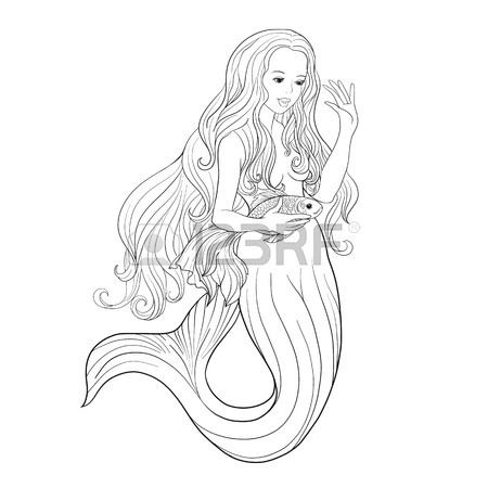 450x450 Line Art Mermaid. Cartoon Mermaid Or Siren. Sea Theme. Drawing